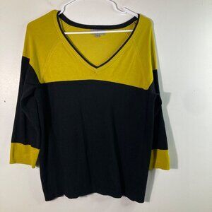 Womens Joseph A Color Block V Neck Sweater 3/4 Sleeve Green Black L Rayon Nylon